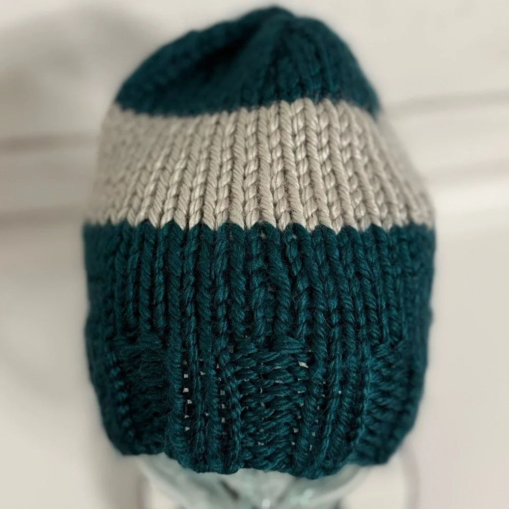 Hand-Knit Greenish Teal & Grey Beanie